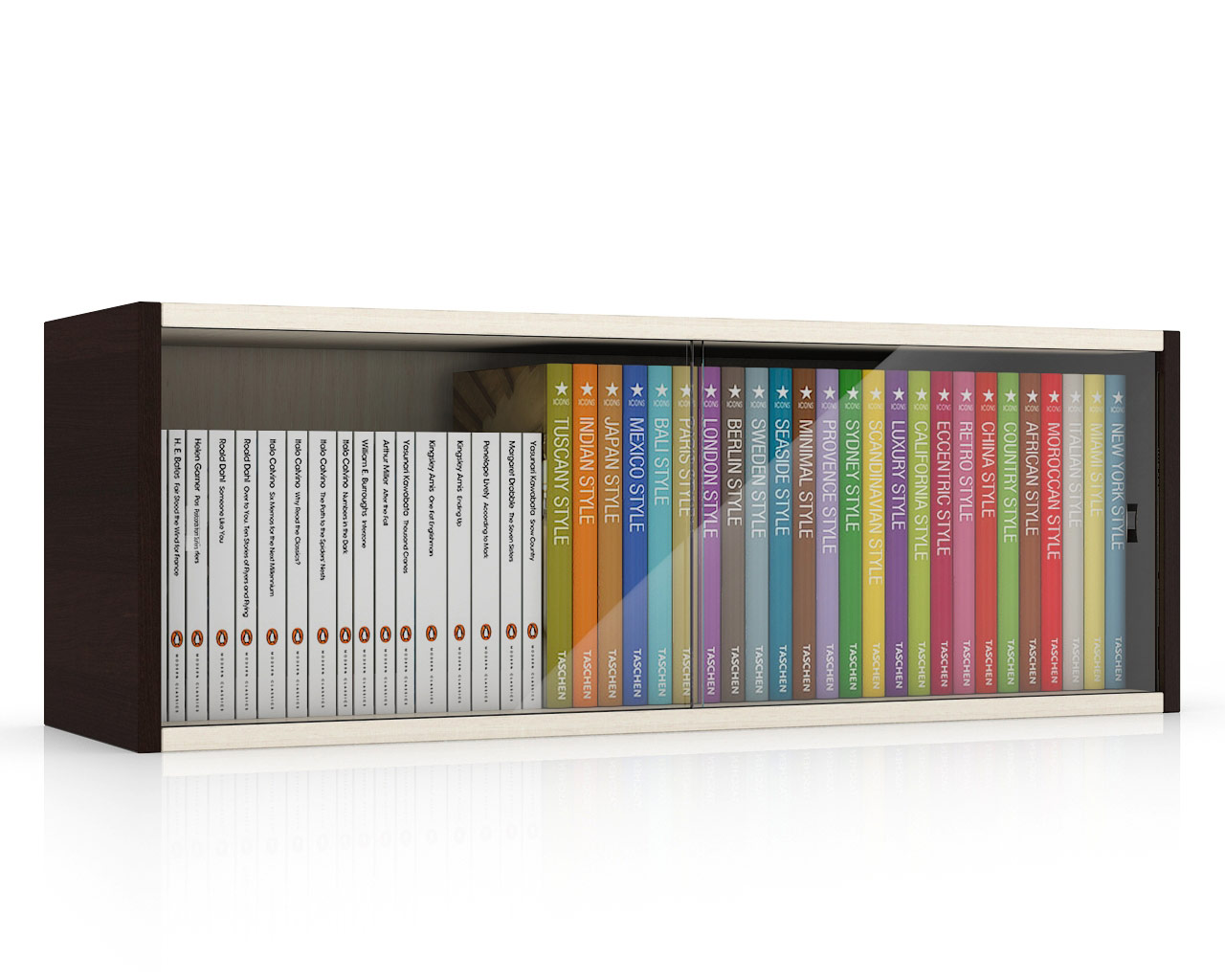 Полка книжная С-МД-КН01, цвет венге/дуб, ШхГхВ 83х25х30 см., стеклянные дверцы (ДВА ЦВЕТА венге и дуб)