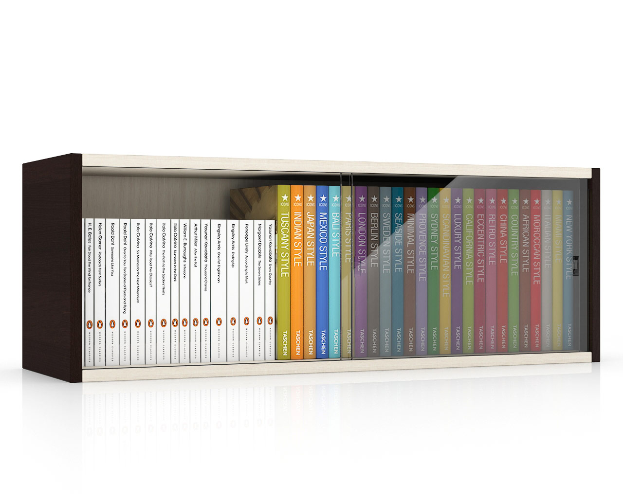 Полка книжная С-МД-КН01, цвет венге/дуб, ШхГхВ 83х25х30 см., стеклянные дверцы (ДВА ЦВЕТА венге и дуб)