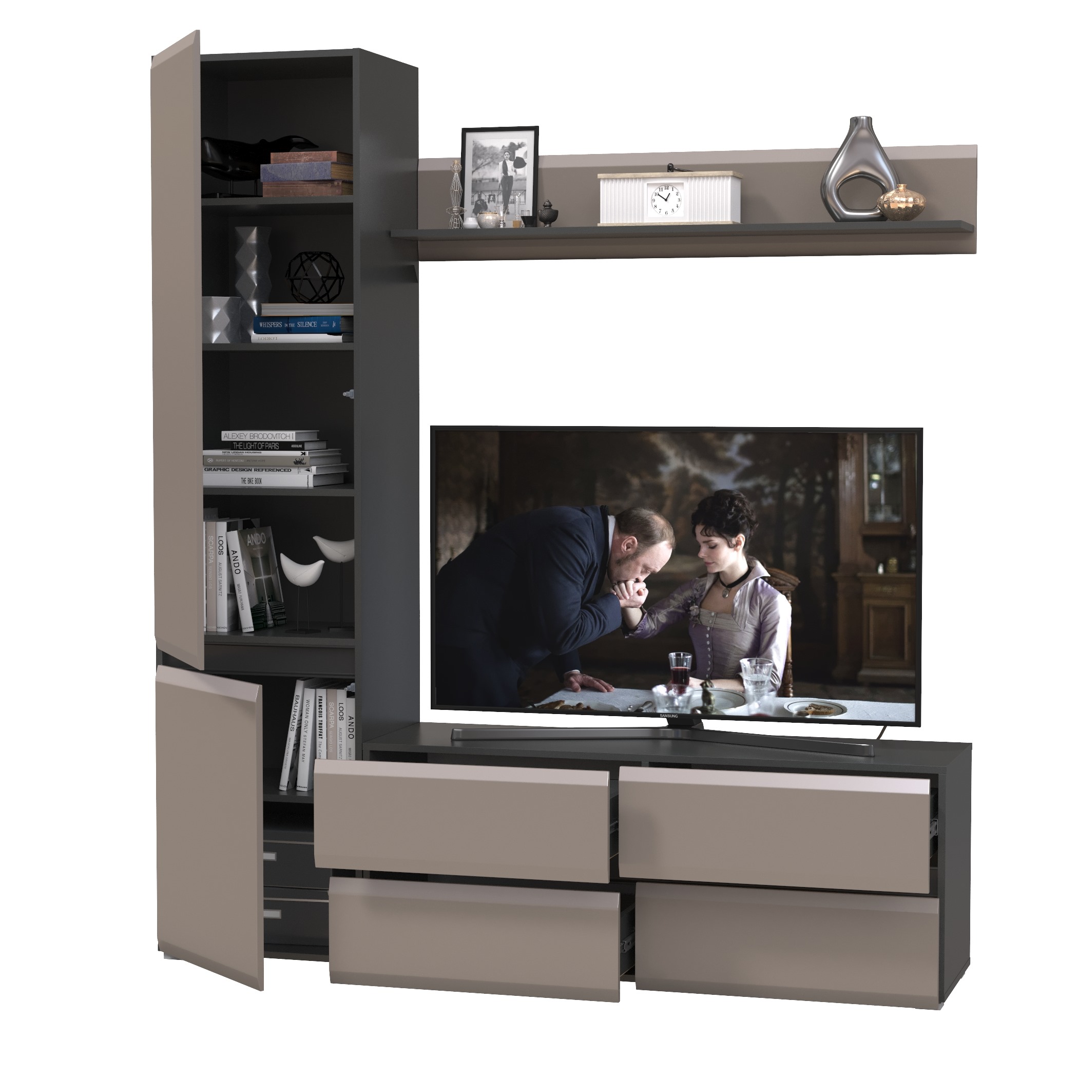 Гостиная  Сидней Комплектация № 046, цвет корпус: антрацит/фасады: МДФ веллюто капучино, ШхГхВ 179,9х41,3х205,2 см., ниша для ТВ 129х41х98 см., универс. сборка